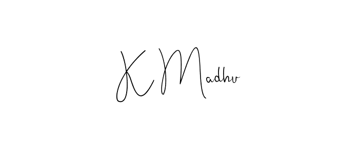 if you are searching for the best signature style for your name K Madhu. so please give up your signature search. here we have designed multiple signature styles  using Andilay-7BmLP. K Madhu signature style 4 images and pictures png