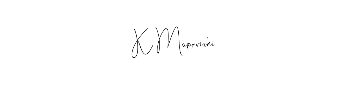 How to make K Malarvizhi name signature. Use Andilay-7BmLP style for creating short signs online. This is the latest handwritten sign. K Malarvizhi signature style 4 images and pictures png