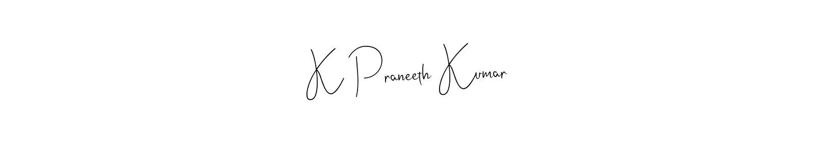 This is the best signature style for the K Praneeth Kumar name. Also you like these signature font (Andilay-7BmLP). Mix name signature. K Praneeth Kumar signature style 4 images and pictures png