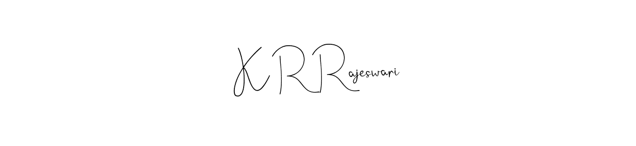 The best way (Andilay-7BmLP) to make a short signature is to pick only two or three words in your name. The name K R Rajeswari include a total of six letters. For converting this name. K R Rajeswari signature style 4 images and pictures png