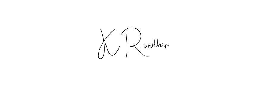 if you are searching for the best signature style for your name K Randhir. so please give up your signature search. here we have designed multiple signature styles  using Andilay-7BmLP. K Randhir signature style 4 images and pictures png