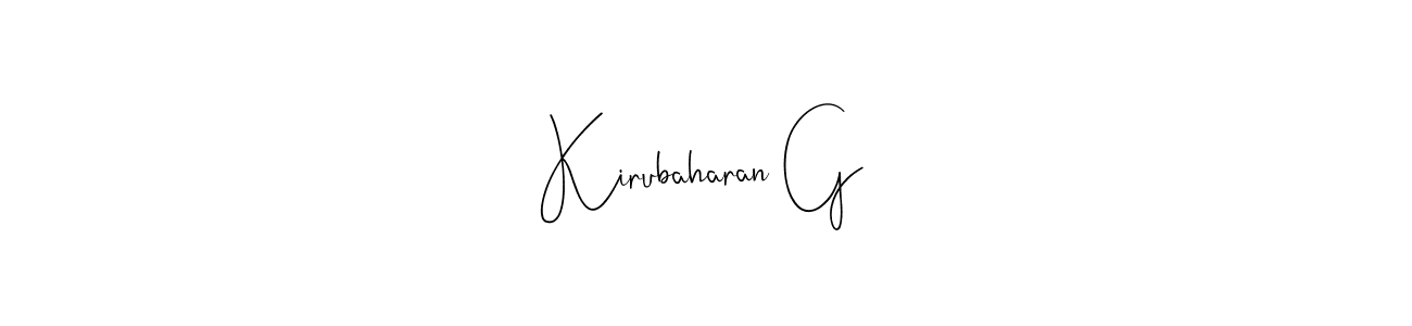 if you are searching for the best signature style for your name Kirubaharan G. so please give up your signature search. here we have designed multiple signature styles  using Andilay-7BmLP. Kirubaharan G signature style 4 images and pictures png