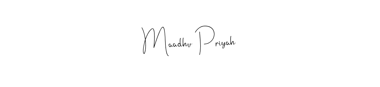 How to make Maadhu Priyah name signature. Use Andilay-7BmLP style for creating short signs online. This is the latest handwritten sign. Maadhu Priyah signature style 4 images and pictures png