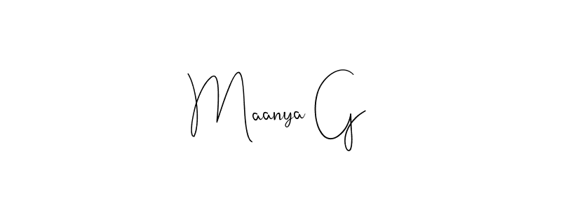 How to make Maanya G name signature. Use Andilay-7BmLP style for creating short signs online. This is the latest handwritten sign. Maanya G signature style 4 images and pictures png