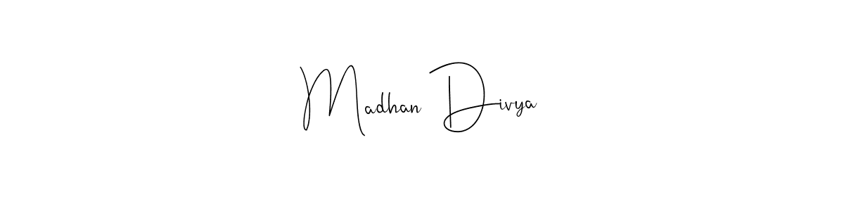 How to make Madhan Divya name signature. Use Andilay-7BmLP style for creating short signs online. This is the latest handwritten sign. Madhan Divya signature style 4 images and pictures png