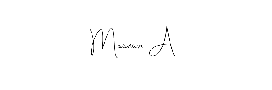 How to make Madhavi A name signature. Use Andilay-7BmLP style for creating short signs online. This is the latest handwritten sign. Madhavi A signature style 4 images and pictures png