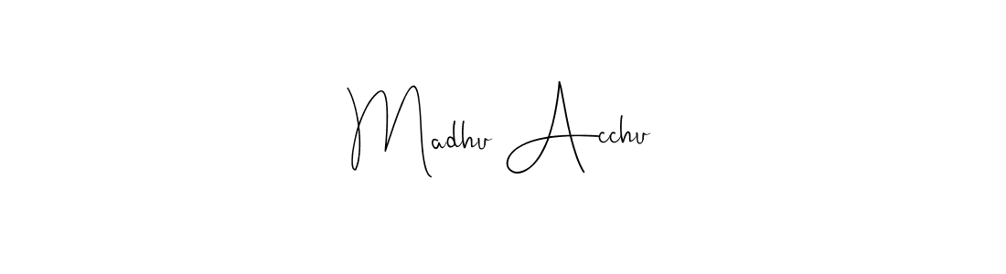 Similarly Andilay-7BmLP is the best handwritten signature design. Signature creator online .You can use it as an online autograph creator for name Madhu Acchu. Madhu Acchu signature style 4 images and pictures png