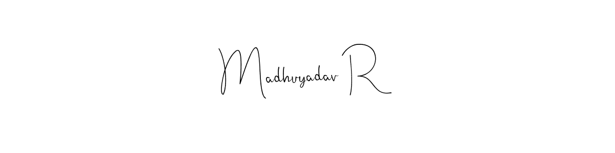 Andilay-7BmLP is a professional signature style that is perfect for those who want to add a touch of class to their signature. It is also a great choice for those who want to make their signature more unique. Get Madhuyadav R name to fancy signature for free. Madhuyadav R signature style 4 images and pictures png