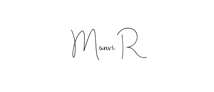 How to make Manvi R name signature. Use Andilay-7BmLP style for creating short signs online. This is the latest handwritten sign. Manvi R signature style 4 images and pictures png