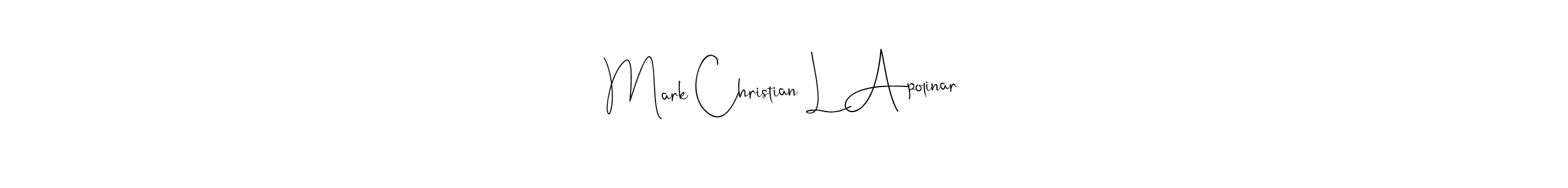 The best way (Andilay-7BmLP) to make a short signature is to pick only two or three words in your name. The name Mark Christian L Apolinar include a total of six letters. For converting this name. Mark Christian L Apolinar signature style 4 images and pictures png