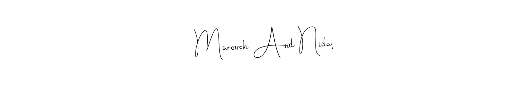 Andilay-7BmLP is a professional signature style that is perfect for those who want to add a touch of class to their signature. It is also a great choice for those who want to make their signature more unique. Get Maroush And Nidal name to fancy signature for free. Maroush And Nidal signature style 4 images and pictures png
