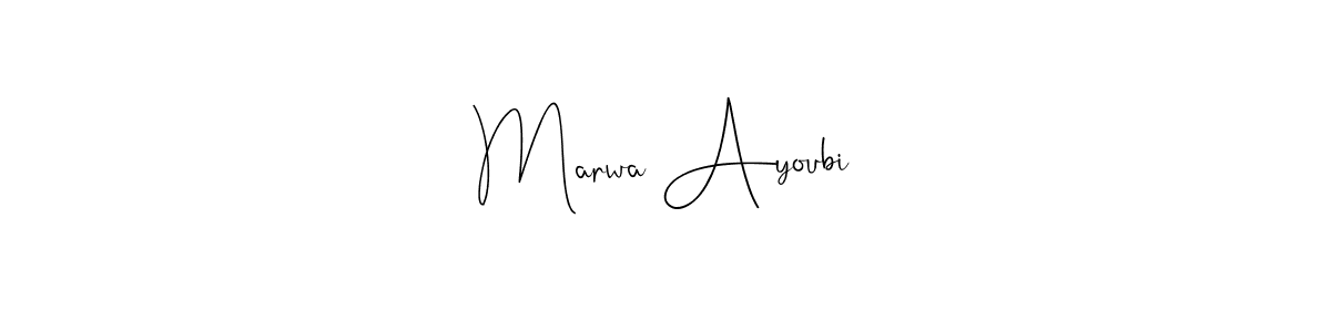 Andilay-7BmLP is a professional signature style that is perfect for those who want to add a touch of class to their signature. It is also a great choice for those who want to make their signature more unique. Get Marwa Ayoubi name to fancy signature for free. Marwa Ayoubi signature style 4 images and pictures png