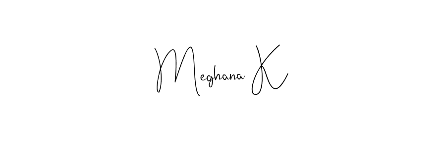 How to make Meghana K name signature. Use Andilay-7BmLP style for creating short signs online. This is the latest handwritten sign. Meghana K signature style 4 images and pictures png