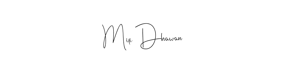 Andilay-7BmLP is a professional signature style that is perfect for those who want to add a touch of class to their signature. It is also a great choice for those who want to make their signature more unique. Get Mili Dhawan name to fancy signature for free. Mili Dhawan signature style 4 images and pictures png