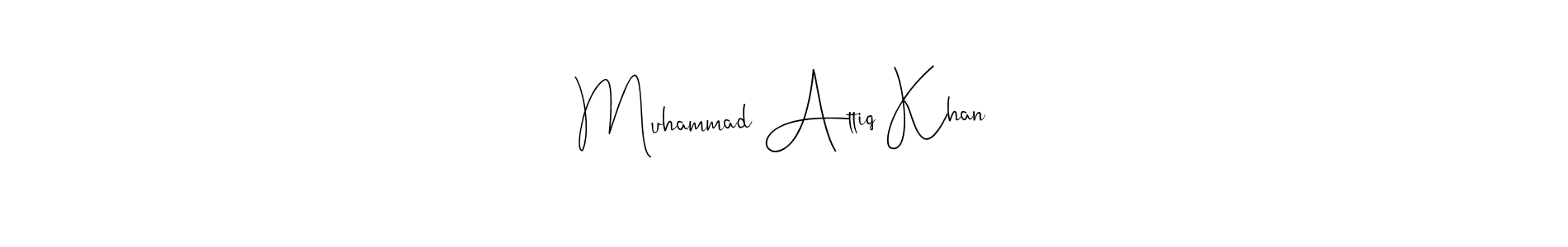 This is the best signature style for the Muhammad Attiq Khan name. Also you like these signature font (Andilay-7BmLP). Mix name signature. Muhammad Attiq Khan signature style 4 images and pictures png