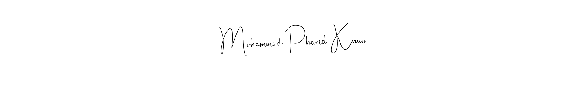 if you are searching for the best signature style for your name Muhammad Pharid Khan. so please give up your signature search. here we have designed multiple signature styles  using Andilay-7BmLP. Muhammad Pharid Khan signature style 4 images and pictures png