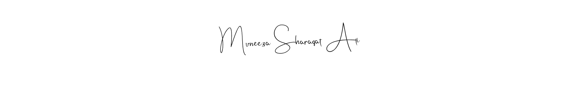 How to make Muneeza Sharaqat Ali name signature. Use Andilay-7BmLP style for creating short signs online. This is the latest handwritten sign. Muneeza Sharaqat Ali signature style 4 images and pictures png