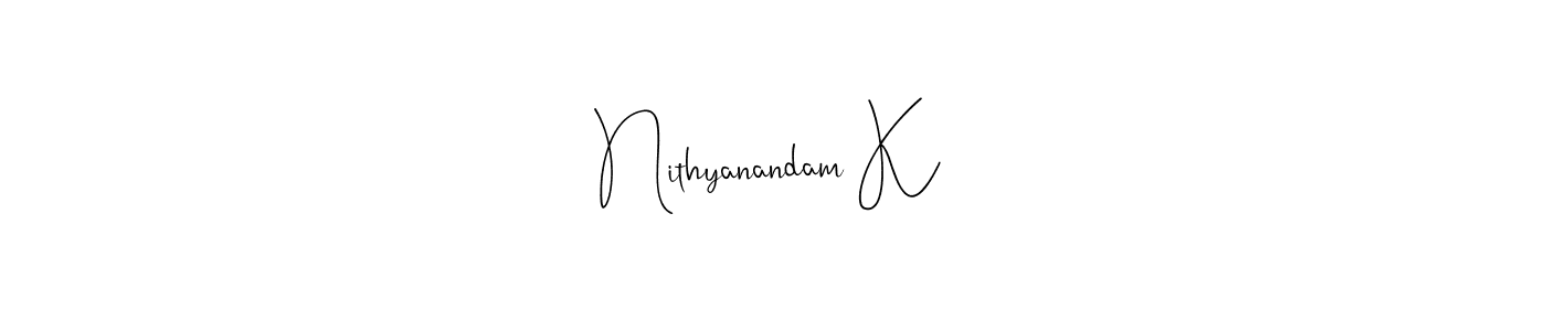 How to make Nithyanandam K name signature. Use Andilay-7BmLP style for creating short signs online. This is the latest handwritten sign. Nithyanandam K signature style 4 images and pictures png