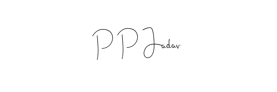 if you are searching for the best signature style for your name P P Jadav. so please give up your signature search. here we have designed multiple signature styles  using Andilay-7BmLP. P P Jadav signature style 4 images and pictures png