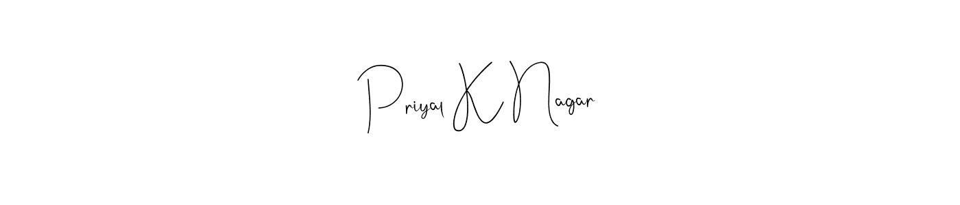 The best way (Andilay-7BmLP) to make a short signature is to pick only two or three words in your name. The name Priyal K Nagar include a total of six letters. For converting this name. Priyal K Nagar signature style 4 images and pictures png