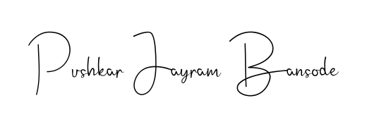 A sleek calligraphic signature for name Pushkar Jayram Bansode utilizing Andilay-7BmLP styling. Great for adding personal signatures to photos and art. Pushkar Jayram Bansode signature style 4 images and pictures png