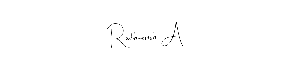 The best way (Andilay-7BmLP) to make a short signature is to pick only two or three words in your name. The name Radhakrish A include a total of six letters. For converting this name. Radhakrish A signature style 4 images and pictures png