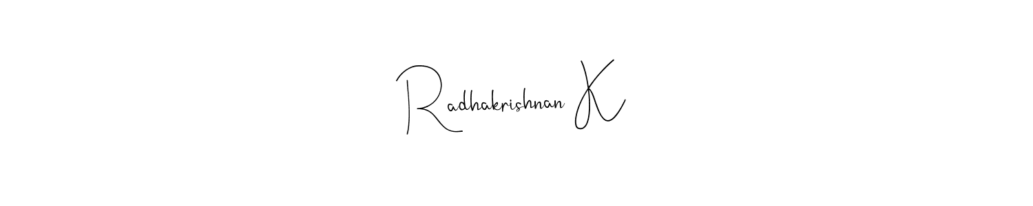 Similarly Andilay-7BmLP is the best handwritten signature design. Signature creator online .You can use it as an online autograph creator for name Radhakrishnan K. Radhakrishnan K signature style 4 images and pictures png