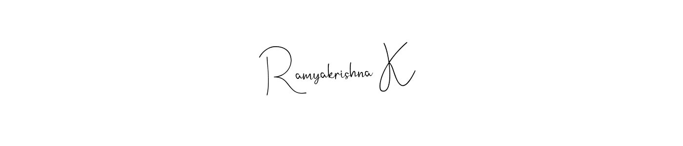 How to make Ramyakrishna K name signature. Use Andilay-7BmLP style for creating short signs online. This is the latest handwritten sign. Ramyakrishna K signature style 4 images and pictures png