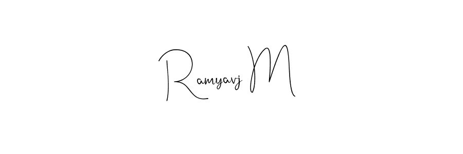 How to make Ramyavj M name signature. Use Andilay-7BmLP style for creating short signs online. This is the latest handwritten sign. Ramyavj M signature style 4 images and pictures png