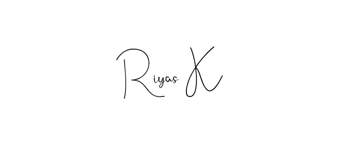 if you are searching for the best signature style for your name Riyas K. so please give up your signature search. here we have designed multiple signature styles  using Andilay-7BmLP. Riyas K signature style 4 images and pictures png