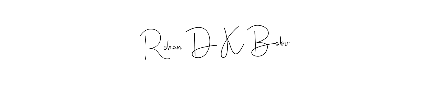 The best way (Andilay-7BmLP) to make a short signature is to pick only two or three words in your name. The name Rohan D K Babu include a total of six letters. For converting this name. Rohan D K Babu signature style 4 images and pictures png