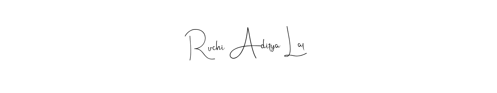 if you are searching for the best signature style for your name Ruchi Aditya Lal. so please give up your signature search. here we have designed multiple signature styles  using Andilay-7BmLP. Ruchi Aditya Lal signature style 4 images and pictures png