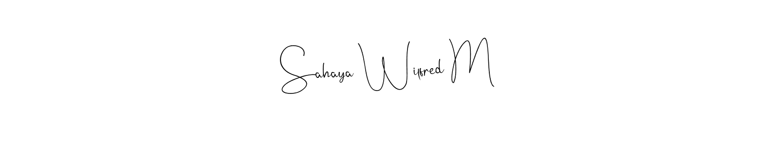 How to make Sahaya Wilfred M name signature. Use Andilay-7BmLP style for creating short signs online. This is the latest handwritten sign. Sahaya Wilfred M signature style 4 images and pictures png