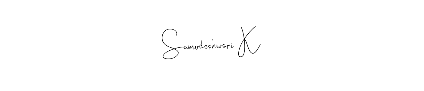 This is the best signature style for the Samudeshwari K name. Also you like these signature font (Andilay-7BmLP). Mix name signature. Samudeshwari K signature style 4 images and pictures png