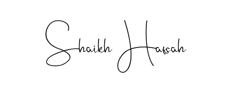 A sleek calligraphic signature for name Shaikh Hafsah utilizing Andilay-7BmLP styling. Great for adding personal signatures to photos and art. Shaikh Hafsah signature style 4 images and pictures png