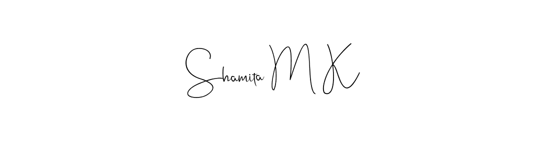 How to make Shamita M K name signature. Use Andilay-7BmLP style for creating short signs online. This is the latest handwritten sign. Shamita M K signature style 4 images and pictures png