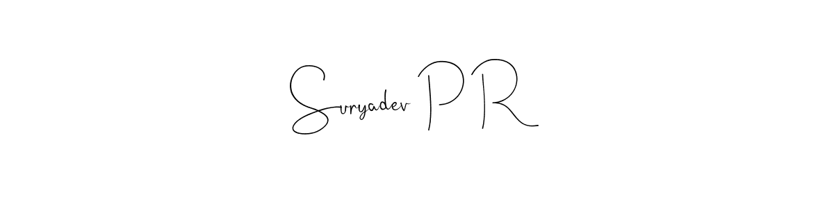The best way (Andilay-7BmLP) to make a short signature is to pick only two or three words in your name. The name Suryadev P R include a total of six letters. For converting this name. Suryadev P R signature style 4 images and pictures png