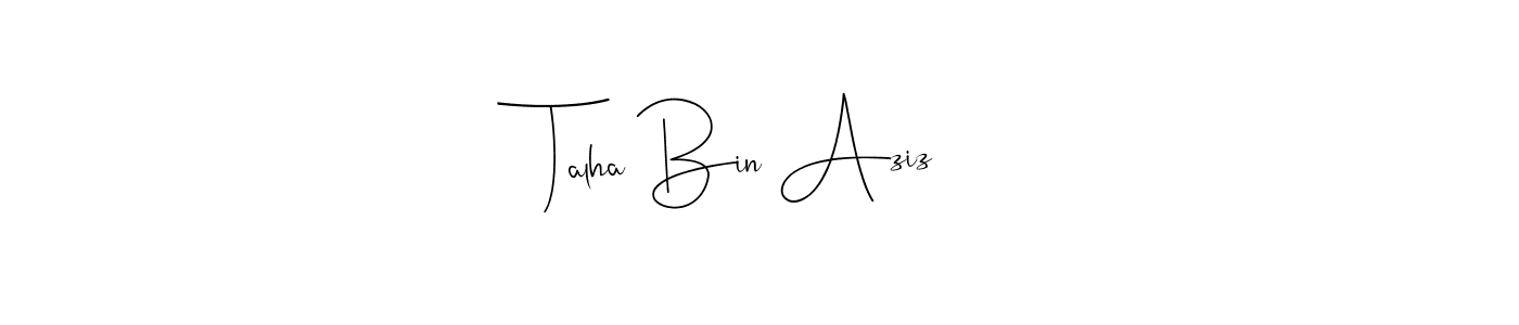 if you are searching for the best signature style for your name Talha Bin Aziz. so please give up your signature search. here we have designed multiple signature styles  using Andilay-7BmLP. Talha Bin Aziz signature style 4 images and pictures png