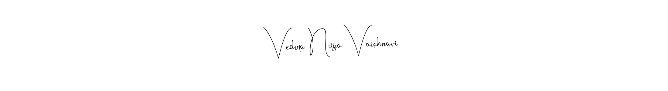 Andilay-7BmLP is a professional signature style that is perfect for those who want to add a touch of class to their signature. It is also a great choice for those who want to make their signature more unique. Get Vedula Nitya Vaishnavi name to fancy signature for free. Vedula Nitya Vaishnavi signature style 4 images and pictures png