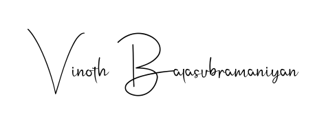 The Andilay-7BmLP font transforms the name Vinoth Balasubramaniyan into an executive sign with sharp precision and distinguished character. Vinoth Balasubramaniyan signature style 4 images and pictures png
