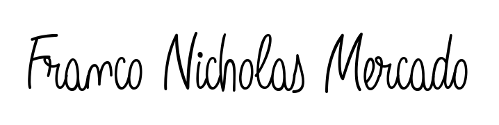 You should practise on your own different ways (Angelique-Rose-font-FFP) to write your name (Franco Nicholas Mercado) in signature. Don't let someone else do it for you. Franco Nicholas Mercado signature style 5 images and pictures png
