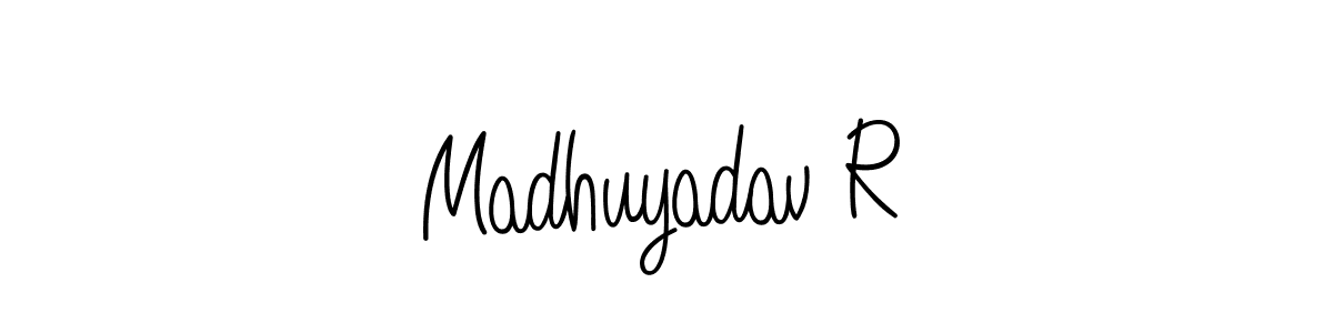 Use a signature maker to create a handwritten signature online. With this signature software, you can design (Angelique-Rose-font-FFP) your own signature for name Madhuyadav R. Madhuyadav R signature style 5 images and pictures png