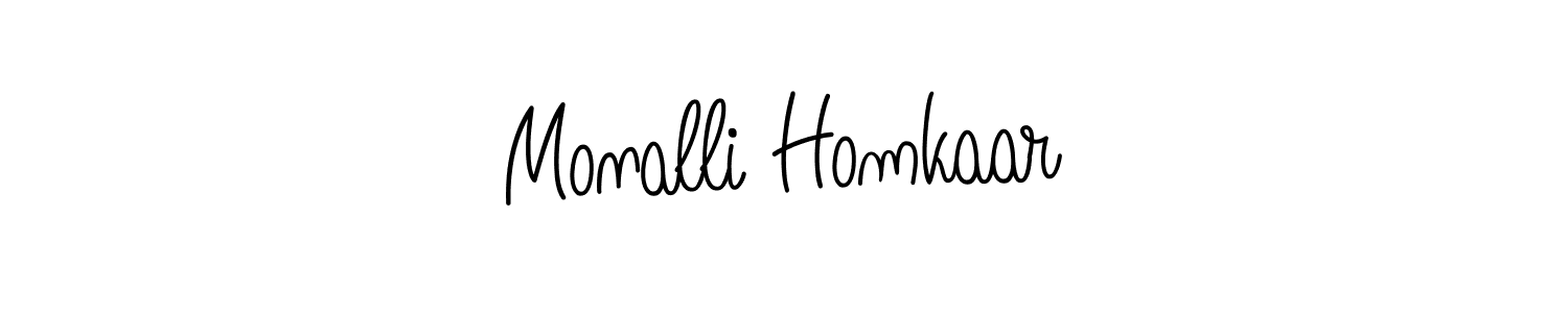 You should practise on your own different ways (Angelique-Rose-font-FFP) to write your name (Monalli Homkaar) in signature. don't let someone else do it for you. Monalli Homkaar signature style 5 images and pictures png