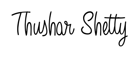 A sleek calligraphic signature for name Thushar Shetty utilizing Angelique-Rose-font-FFP styling. Great for adding personal signatures to photos and art. Thushar Shetty signature style 5 images and pictures png