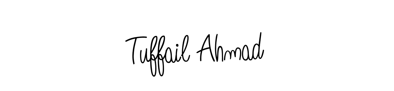 You should practise on your own different ways (Angelique-Rose-font-FFP) to write your name (Tuffail Ahmad) in signature. don't let someone else do it for you. Tuffail Ahmad signature style 5 images and pictures png