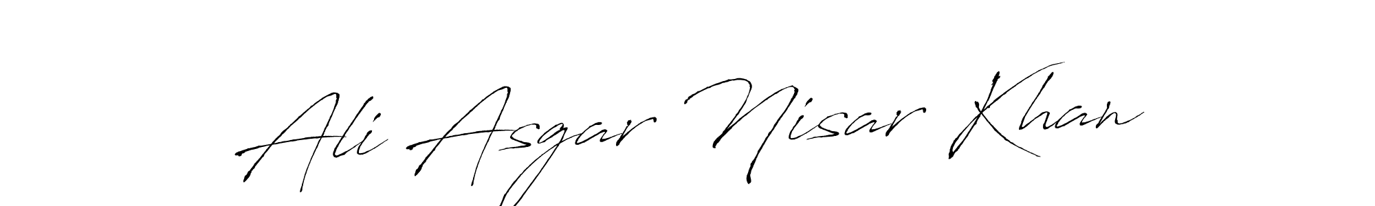 The best way (Antro_Vectra) to make a short signature is to pick only two or three words in your name. The name Ali Asgar Nisar Khan include a total of six letters. For converting this name. Ali Asgar Nisar Khan signature style 6 images and pictures png