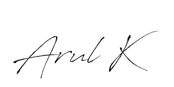 The best way (Antro_Vectra) to make a short signature is to pick only two or three words in your name. The name Arul K include a total of six letters. For converting this name. Arul K signature style 6 images and pictures png