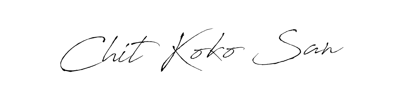 The best way (Antro_Vectra) to make a short signature is to pick only two or three words in your name. The name Chit Koko San include a total of six letters. For converting this name. Chit Koko San signature style 6 images and pictures png