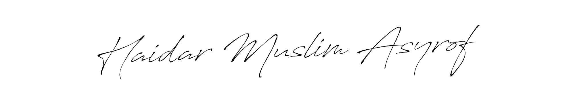 How to make Haidar Muslim Asyrof name signature. Use Antro_Vectra style for creating short signs online. This is the latest handwritten sign. Haidar Muslim Asyrof signature style 6 images and pictures png
