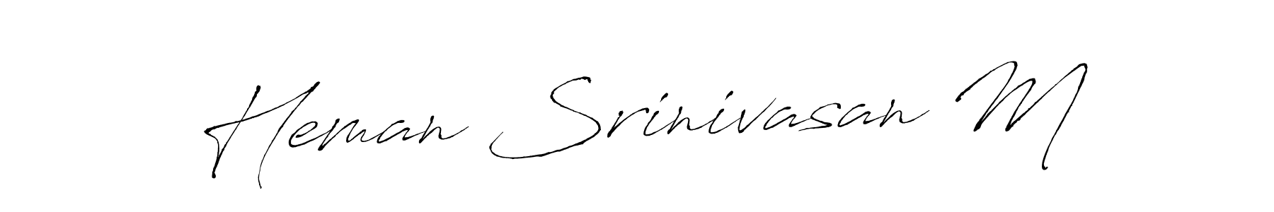 The best way (Antro_Vectra) to make a short signature is to pick only two or three words in your name. The name Heman Srinivasan M include a total of six letters. For converting this name. Heman Srinivasan M signature style 6 images and pictures png